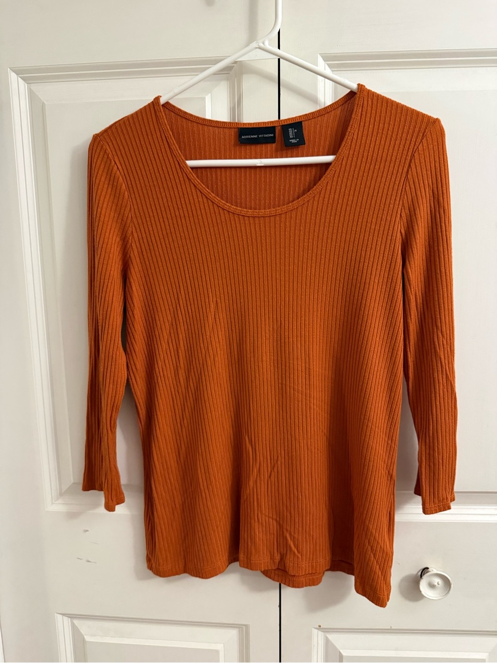 Adrienne Vittadini Rust Orange Ribbed Scoop Neck Long Sleeve Top